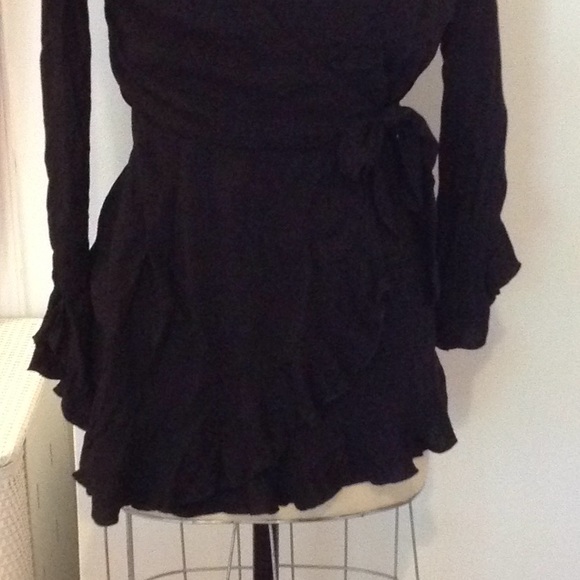 BLACK LONG SLEEVE cocktail WRAP rayon mini DRESS - Picture 5 of 6